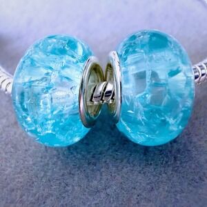 2 PCs Aqua Blue Ice Crackle Glass Charms fits PANDORA